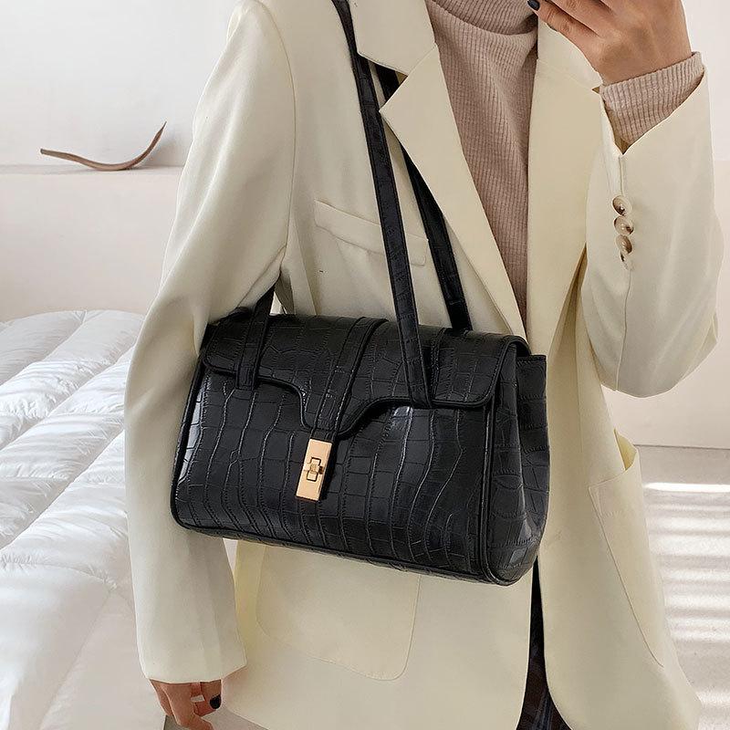 

Large-capacity women's bags spring 2021 new trendy stone texture one-shoulder diagonal bag atmospheric underarm bag, Black.