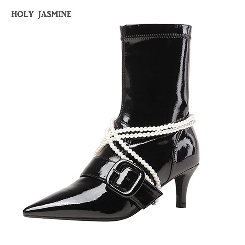 

2021 pearl decoration Fashion Pointed Toe Women Boots High Heels Boots Female Warm Fur Slim Fit zip Ankle Shoes heel 6cm, Black