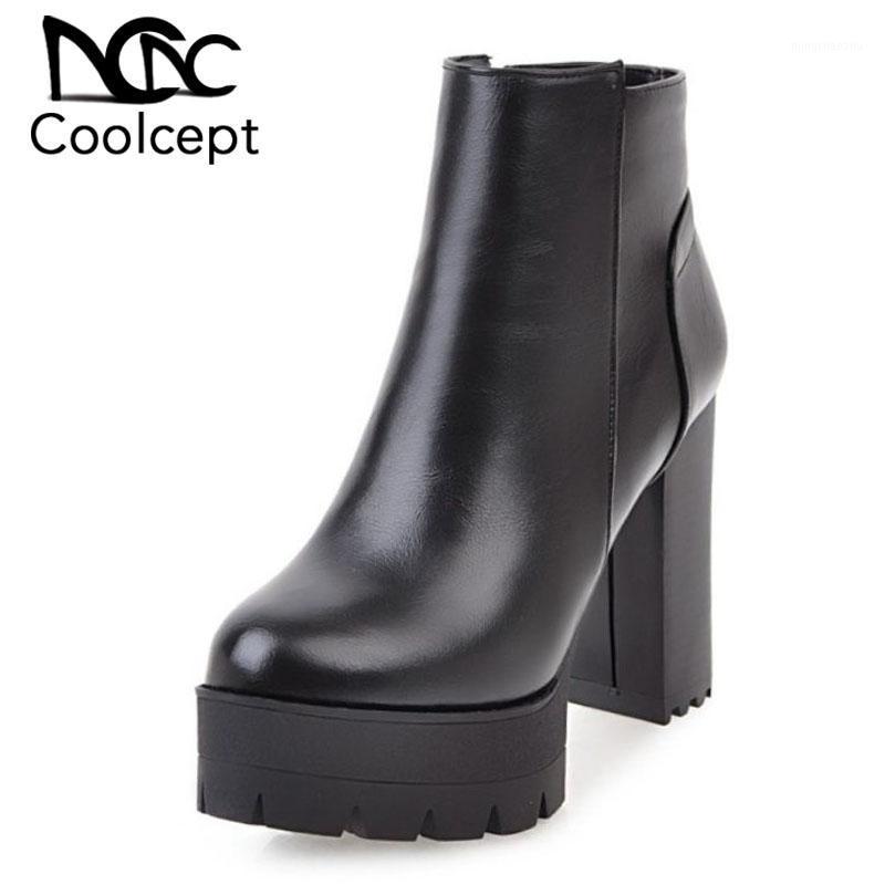 

CoolCept Vintage Women High Heel Boots Platform Warm Fur Shoes Women Winter Thick Heel Ankle Boots Office Lady Shoes Size 33-431, Black