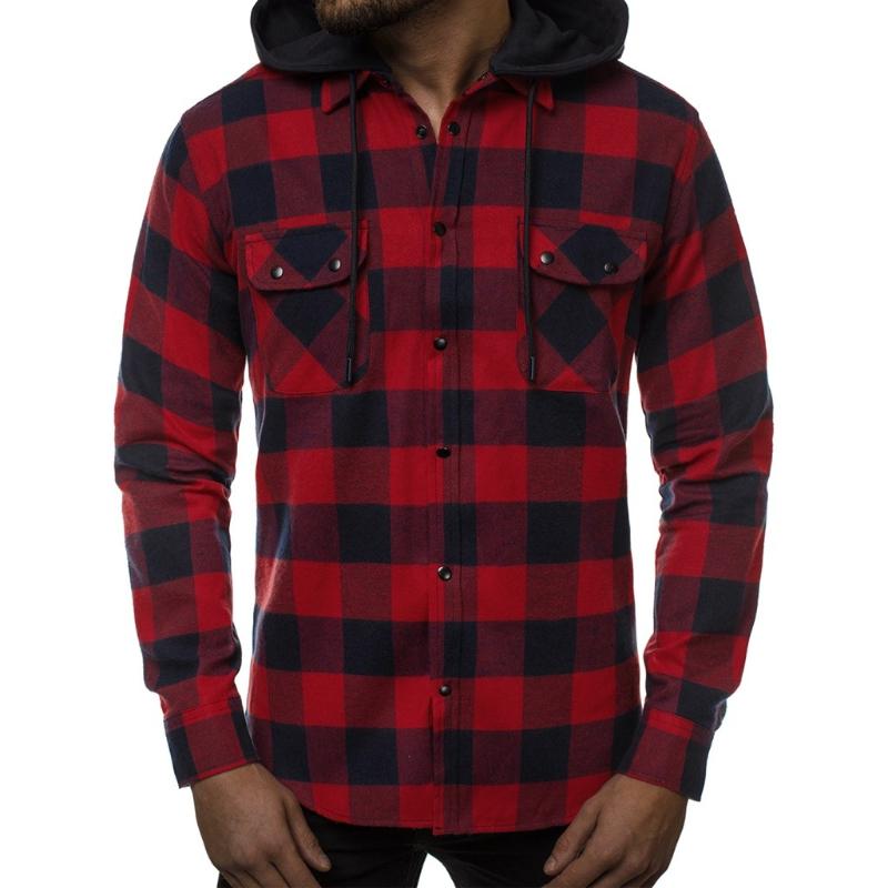 

Feitong Plaid Hoodies Shirt Men Splicing Depart Hooded Business Leisure Retro Long-sleeved Shirt Top camisa social masculina, Blue