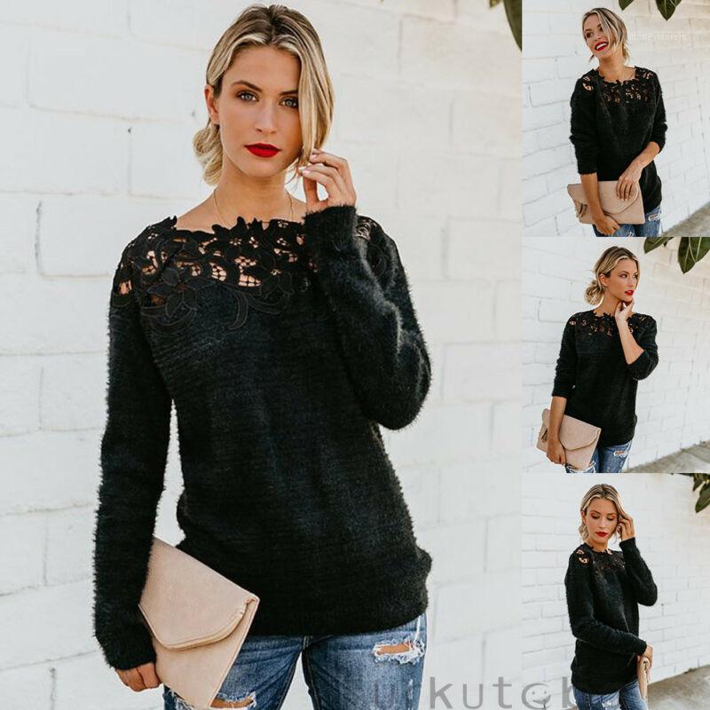 

2020 Sexy o Neck Lace Hollow Knit Pullover Sweater Autumn Winter Long Sleeve Pullover Tops Elegant Women White Jumper Femme1, Black