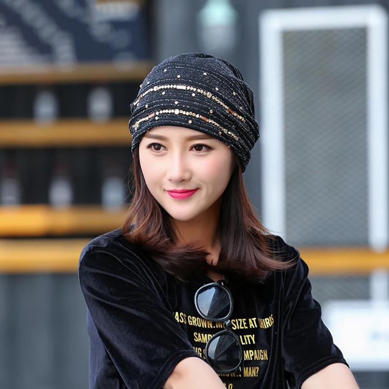 

Women Hats Lace Rhinestone Breathable Hat Turban Bonnet Caps Fashion Lace Sunscreen Sun Hat Windproof Warm Black Cap Headscarf