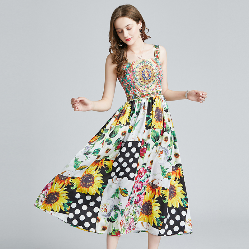 

New Merchall 2021 Summer Fashion Runway Holiday Elegant Women Spaghetti Strap Print Patchwork Party Midi Uqjv, Design and color