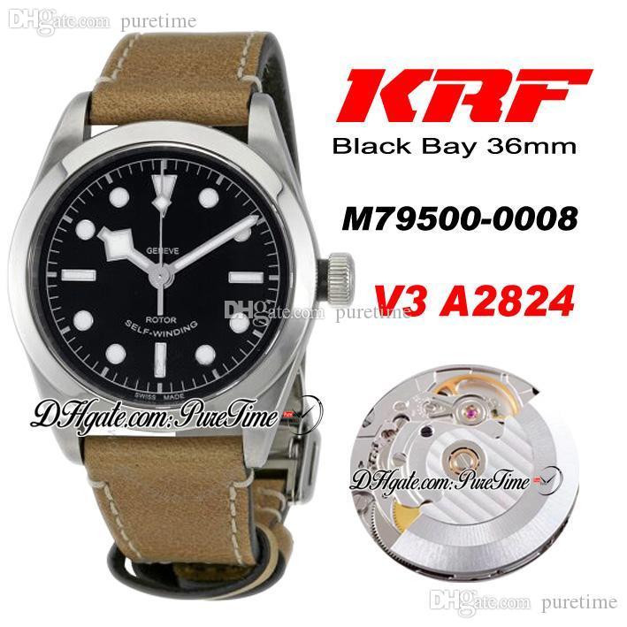 

KRF V3 36mm A2824 Automatic Mens Watch Steel Polished Bezel Black Dial White Markers Brown Leather Strap Best Edition Puretime TD-A1, Customized waterproof service