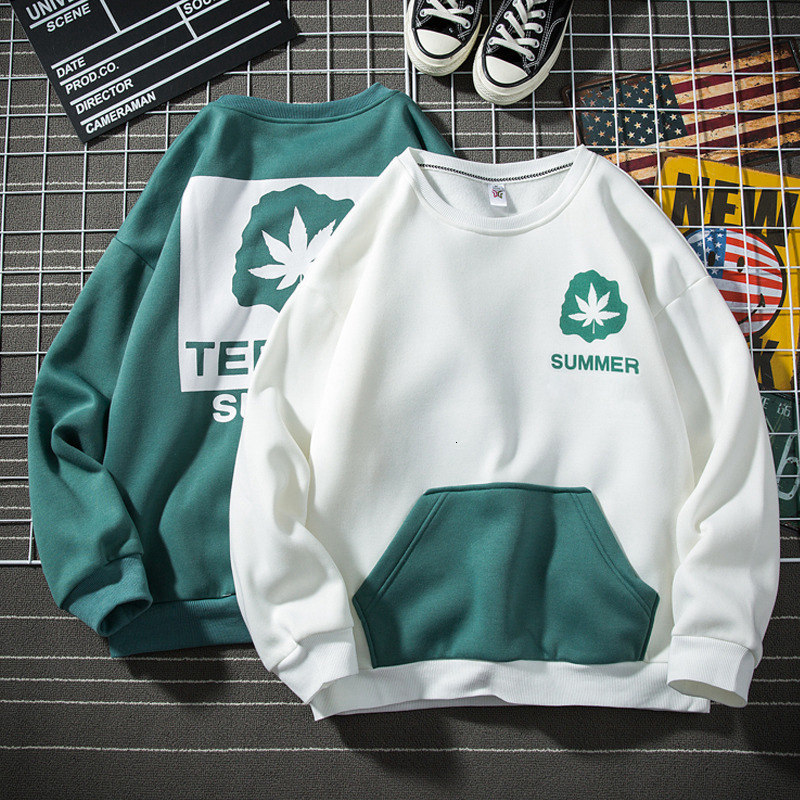 

2021 New Leaf Print Hoodies Men Patchwork School Women Hooded Sweatshirts Casual Sportswear Blfu, White
