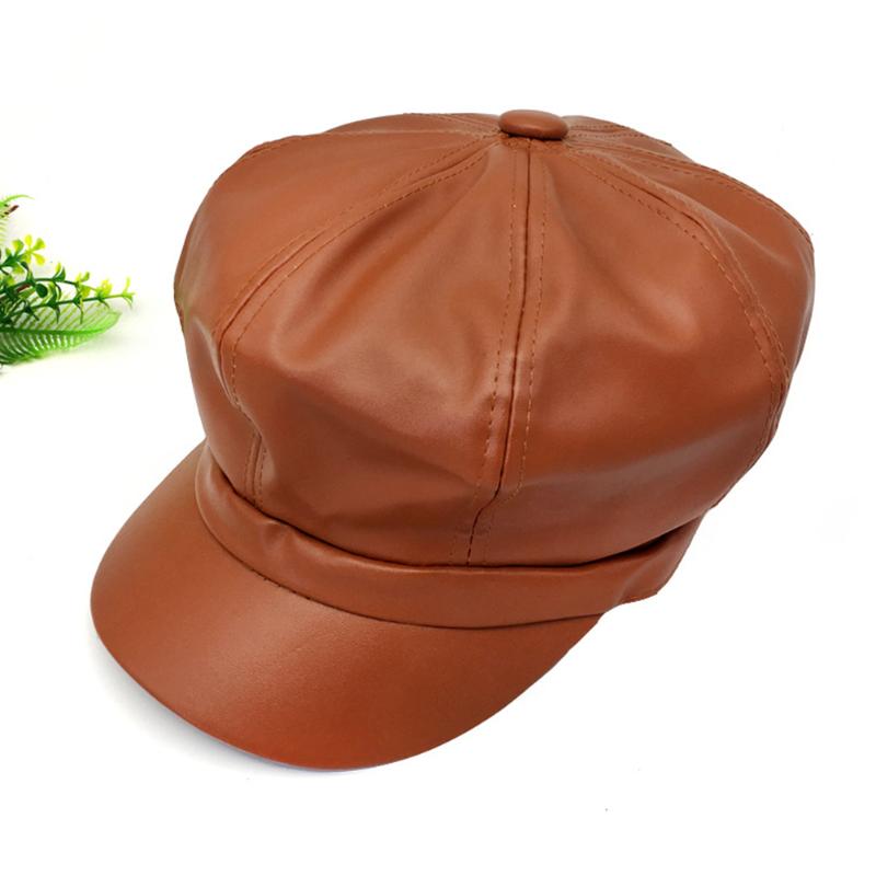 

8 Panels Stretchy Painter Hat Dating Beret Cap Shopping Casual Daily Birthday Gift For Women Comfortable Fashion PU Leather, Black