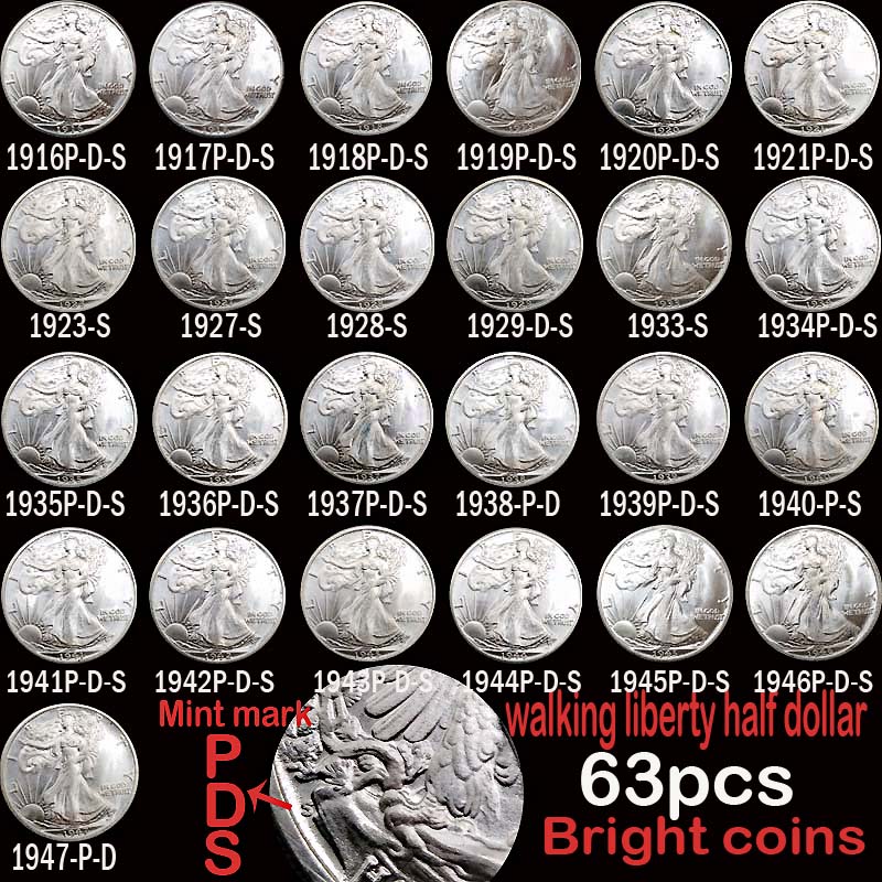 

63pcs USA Full Set Walking Liberty Coins Bright Silver Silver plated copper copy coin