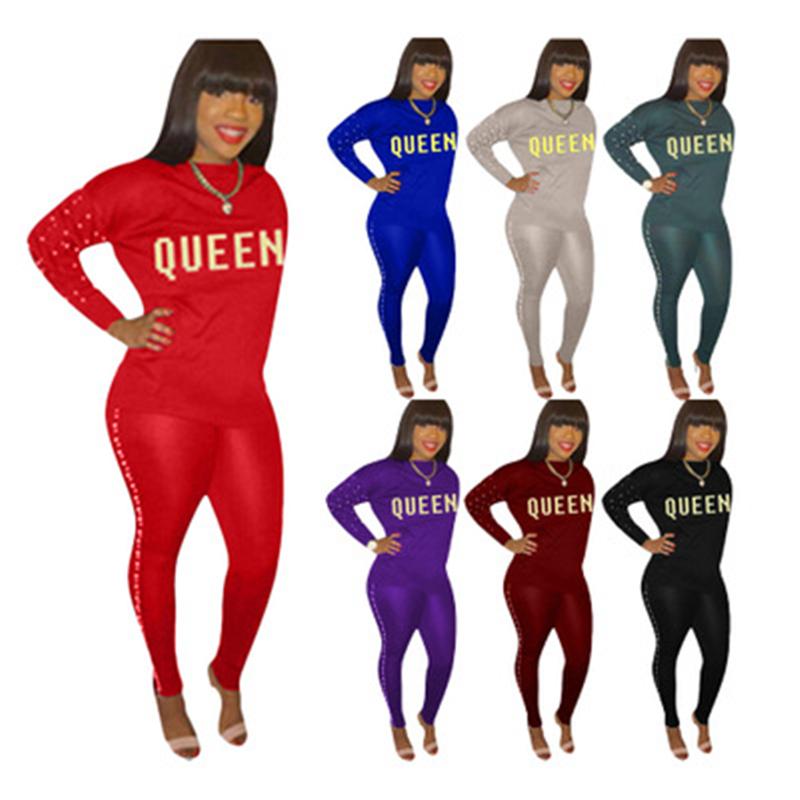 

Womens Pearl Letter Printing 2Pcs Sets Fashion Trend Long Sleeve Round Neck Tops Pant Suits Designer Female Spring Casual Skinny Tracksuits, Red