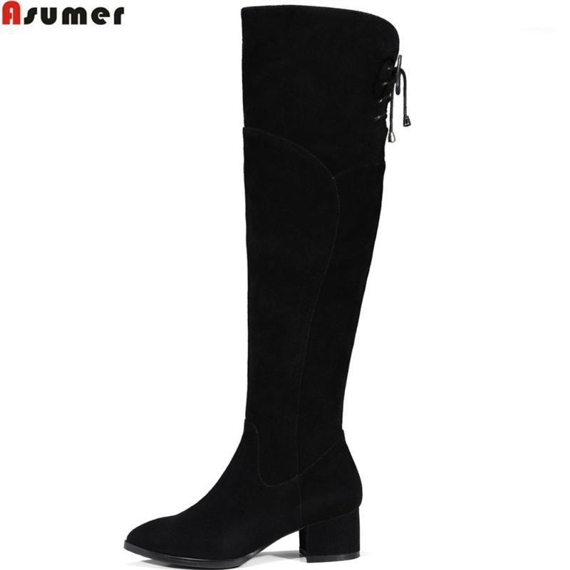 

ASUMER fashion new women boots pointed toe ladies cow leather boots black leather square heel cross tied over the knee1