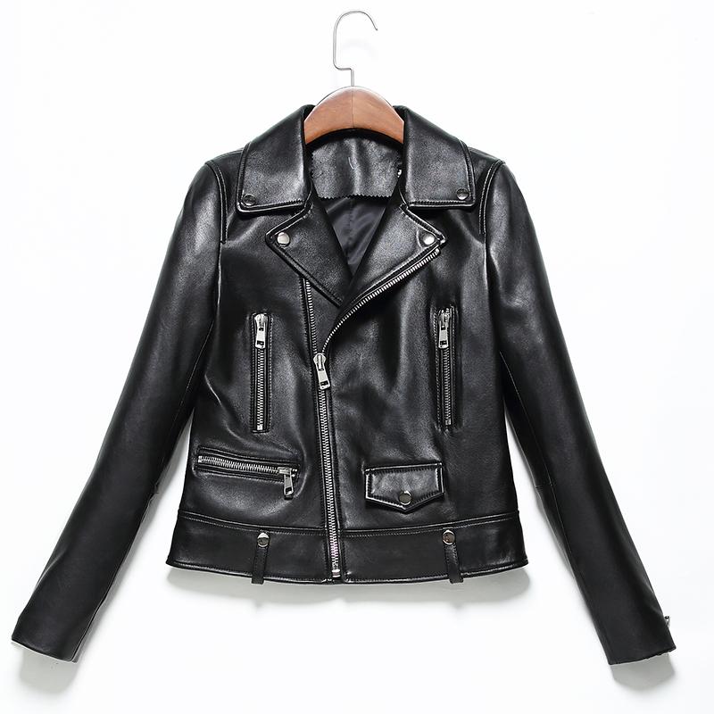 

Spring Genuine Women 2020 Fashion Real Sheepskin Coat Rivet Motorcyc Jacket Female Sheep Leather Coat1819, Black