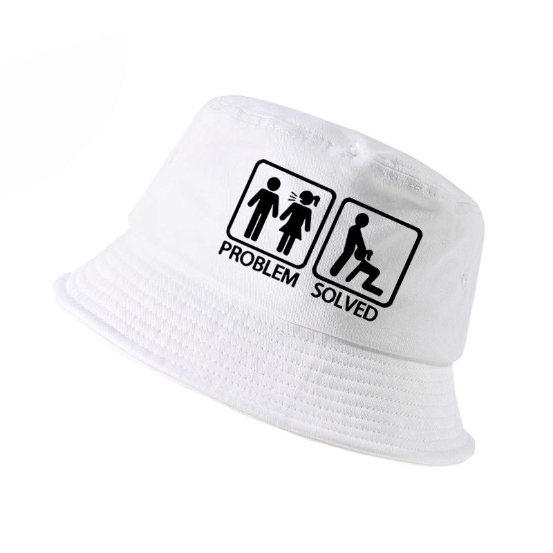 

PROBLEM SOLVED letter Print bucket hat k men women fisherman hats summer outdoor hunting fishing cap harajuku, White
