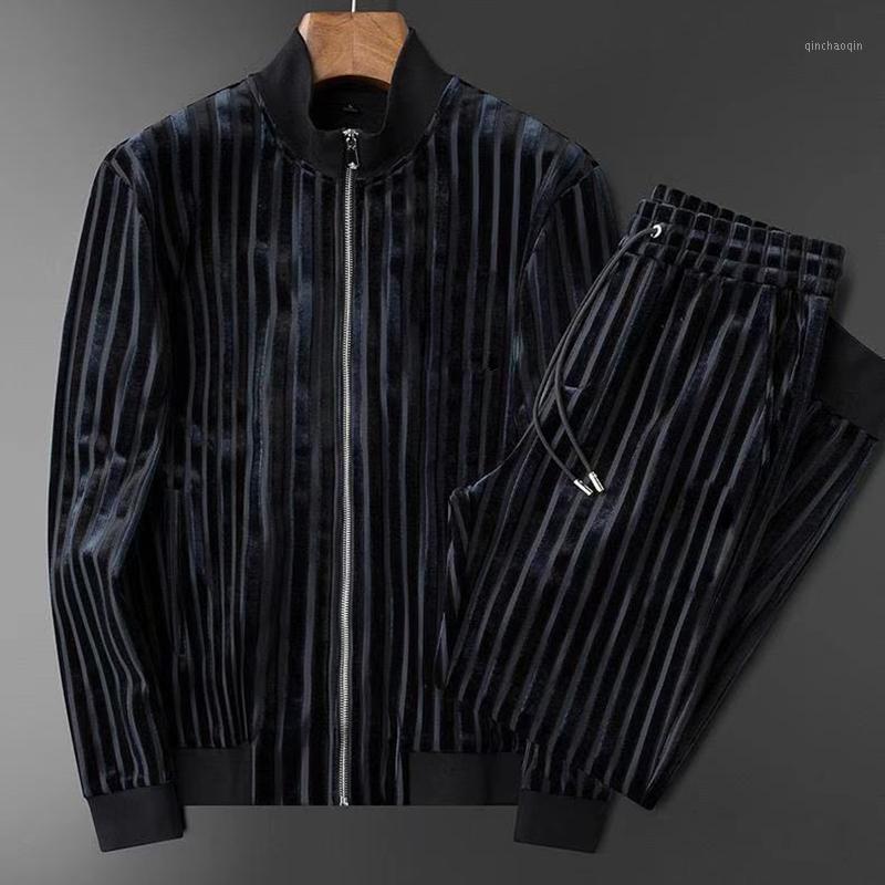 

New European and American autumn and winter thick warm gold velvet casual sports suit men's slim casual two-piece jacket1, Navy blue