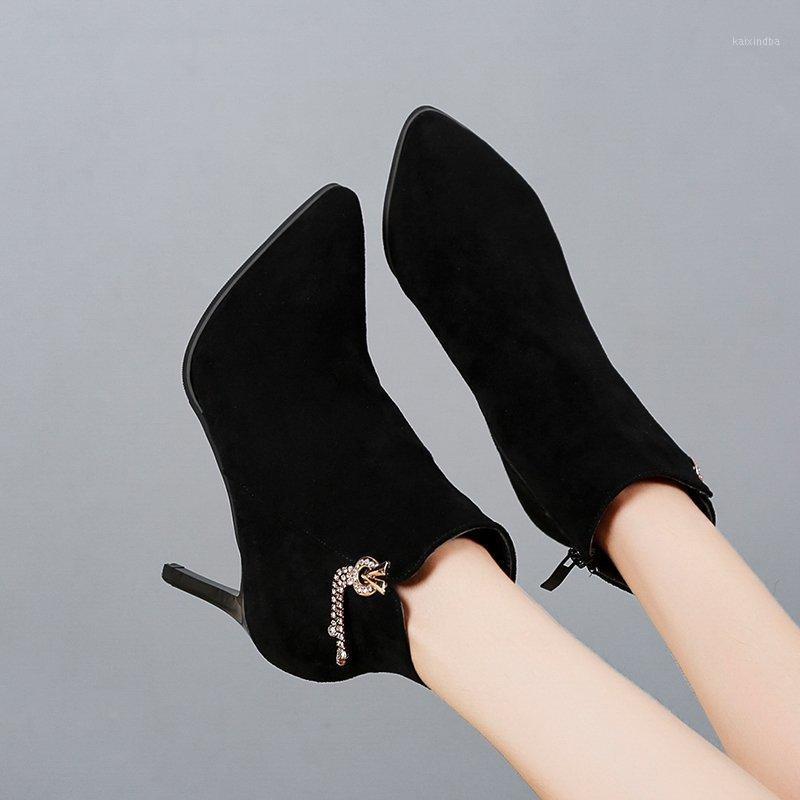 

2020 Winter Autumn High Heels Ankle Boots Women Dress Shoes Faux Suede Booties Pointed Toe Thin Heeled Office botas mujer 8863L1, Beige