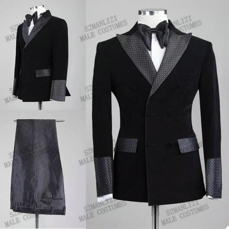 

2021 Hot Selling Black Velvet Dots Men Suits Double Breasted For Wedding Slim Fit Groom Tuxedos 2 Pieces Set Suits Jacket Pants, As picture
