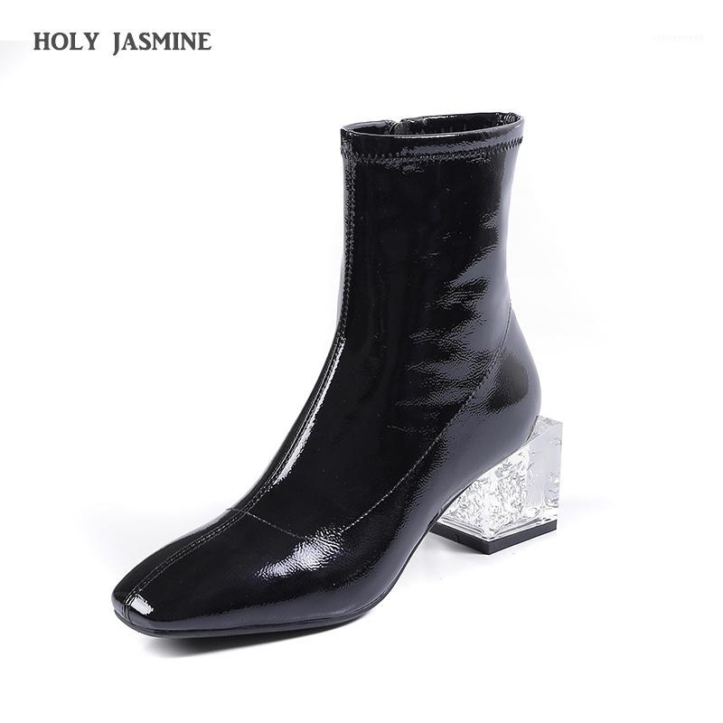 

Patent Leather Crystal Bottom White Boots Clear Heels Boots Ankle for Women Invierno Para Mujer Chunky Heel Botas Blancas1, Black