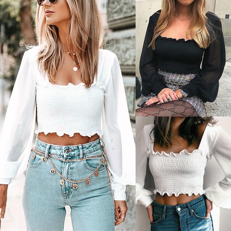 

Vintage Short Lantern Sleeve Crop Top Women Square Collar Ruffle Blouse1, Black