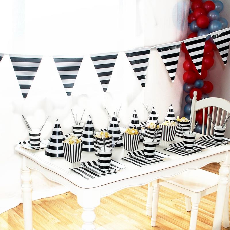

Disposable Black and White Stripe Party Set Cake Popcorn Box Paper Cup Straw Child Birthday Hat Decoration Arrangement Supplie