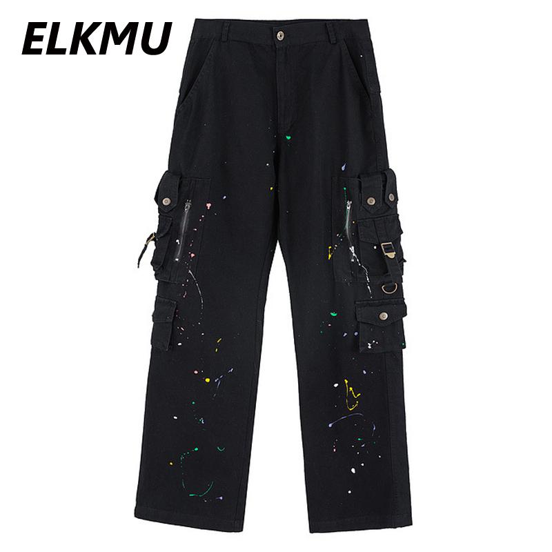 

ELKMU Hip Hop Streetwear Vintage Jeans Splash Ink Print Denim Pants Men Harajuku Fashion Trousers Black Jeans Male HE832