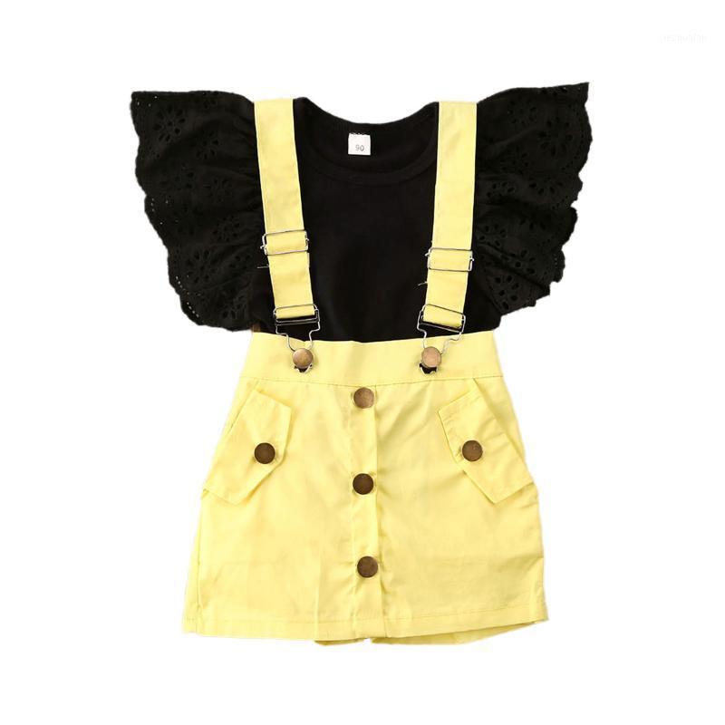 

2-7Y Kids Girl Clothes Sets Summer Solid 2Pcs Lace Ruffles Black T-Shirts Yellow Bib Shorts Fashion Child Girl Clothing Sets1, Multi