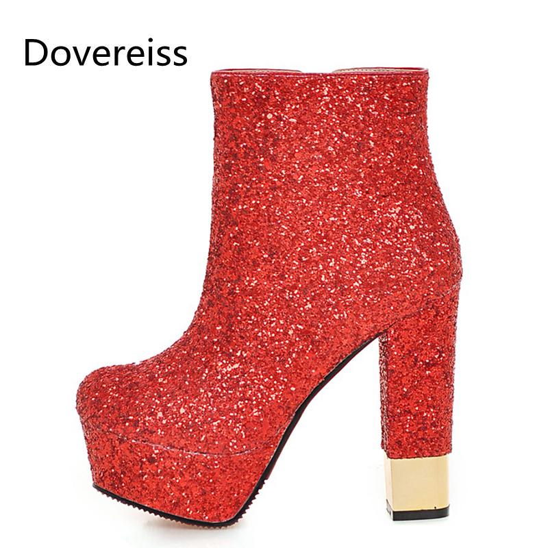 

Dovereiss Fashion Women's Shoes Winter Elegant Concise Mature Pure color Red white Round toe Zipper Short boots consice, Gold