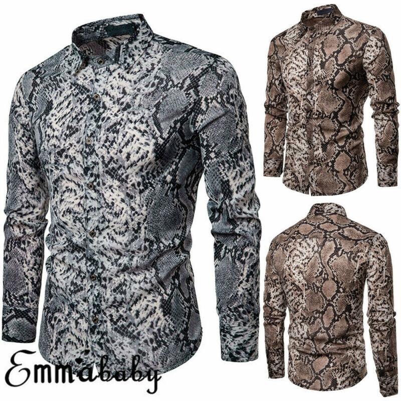 

2020 Fashion Trend Men' Long Sleeve Button Shirts Slim Fit Luxury Stylish Unique Snake Skin Pattern autumn Tops Clothes, Gray