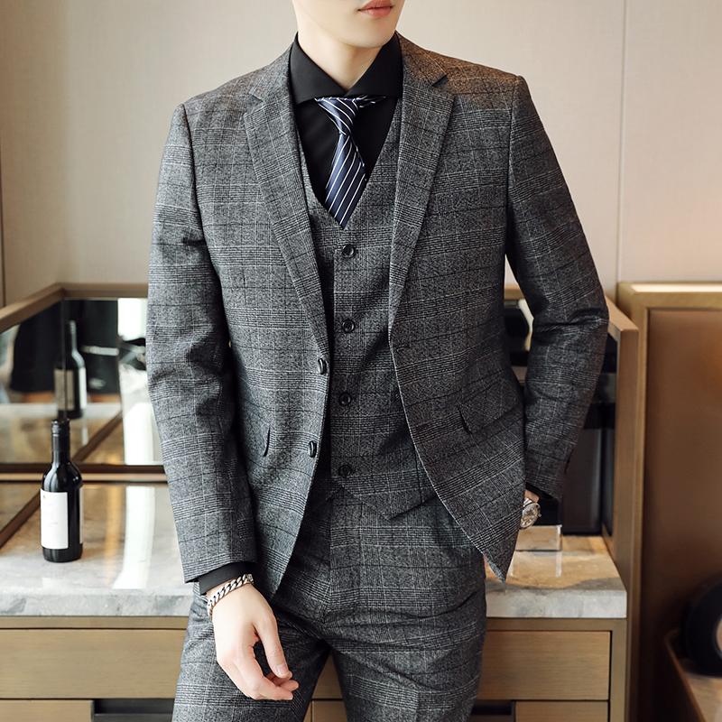 

Men's Suits & Blazers ( Jacket + Vest Pants ) High-end Brand Fashion Plaid Casual Business Suit 3 Pcs Set Groom Wedding Dress Show Male Gray, White;black