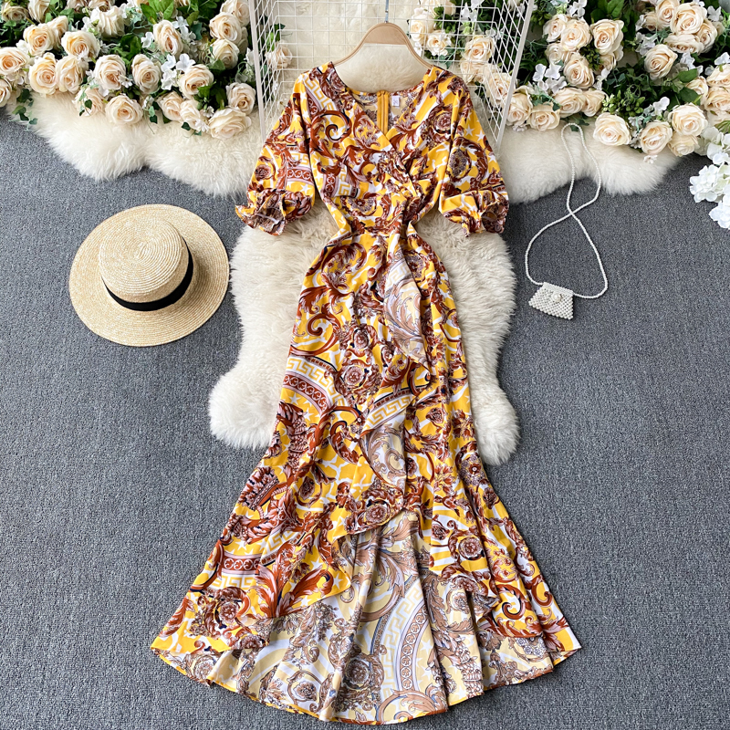 

2021 New Sloppy singiny slobbering women's retro_neck puff line dressed summer fashion party dress impression D1ZD, Red