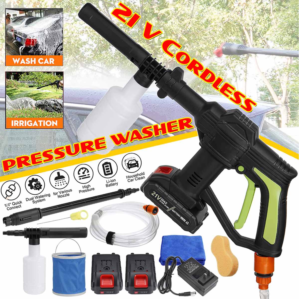 

21V Portable Cordless Car Washer Machine High Pressure Cleaner Electric Water Gun Auto Garden Home Cleaning Tools With Battery
