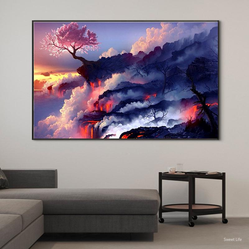 

Modern Volcanic Cliff Natural Landscape Wall Art Canvas Poster Print Wall Modular Pictures Pink Tree Living Room Decor Artwork