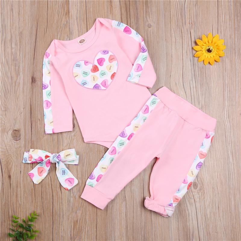 

3PCS Infant Baby Girls Outfits Long Sleeve Crew Neck Heart Print Romper + Pants + Headband Set, Pink