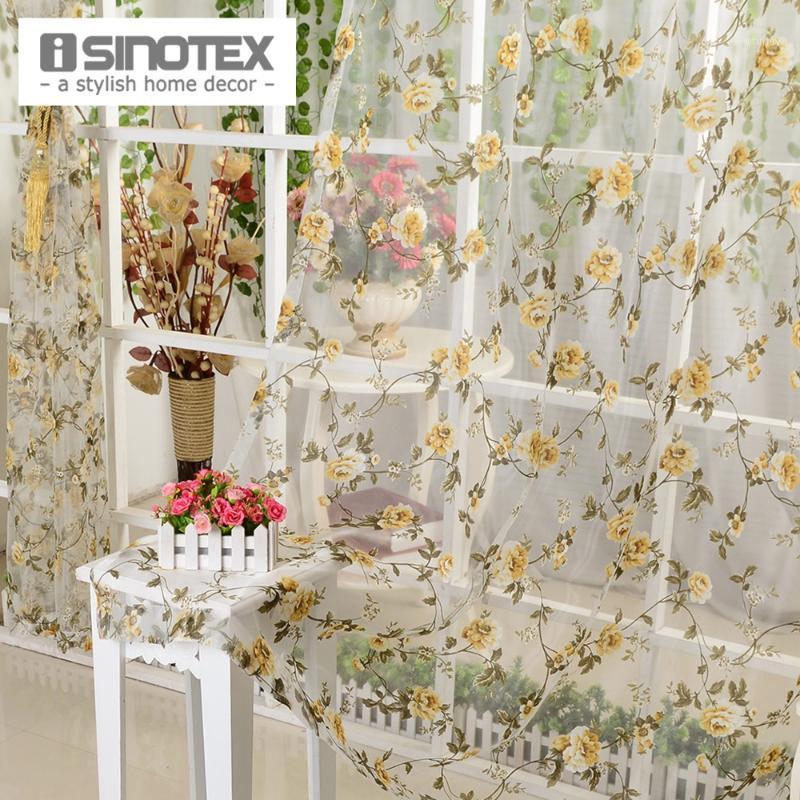 

iSINOTEX Window Curtain Yellow Floral Transparent Burnout Sheer Tulle Voile Fabric Living Room Screening 1PCS/Lot1, Rod pocket