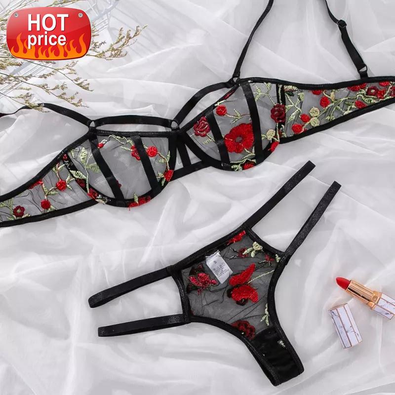 

Sexy Set Woman Seducive Lingerie Transparent Open Cup Bra Set Underwear Black Lace Embroidery Thin Bra and Panty Sets Lenceria #pf02, Black;white