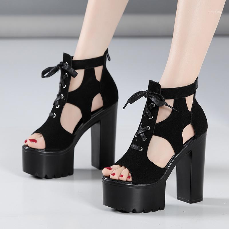 

15cm Block Heel Platform Sandals Women Shoes 2020 Summer Bandage High Heels Gladiator Sandals Ladies Party Model Shoes 32-431, Black 10cm heels