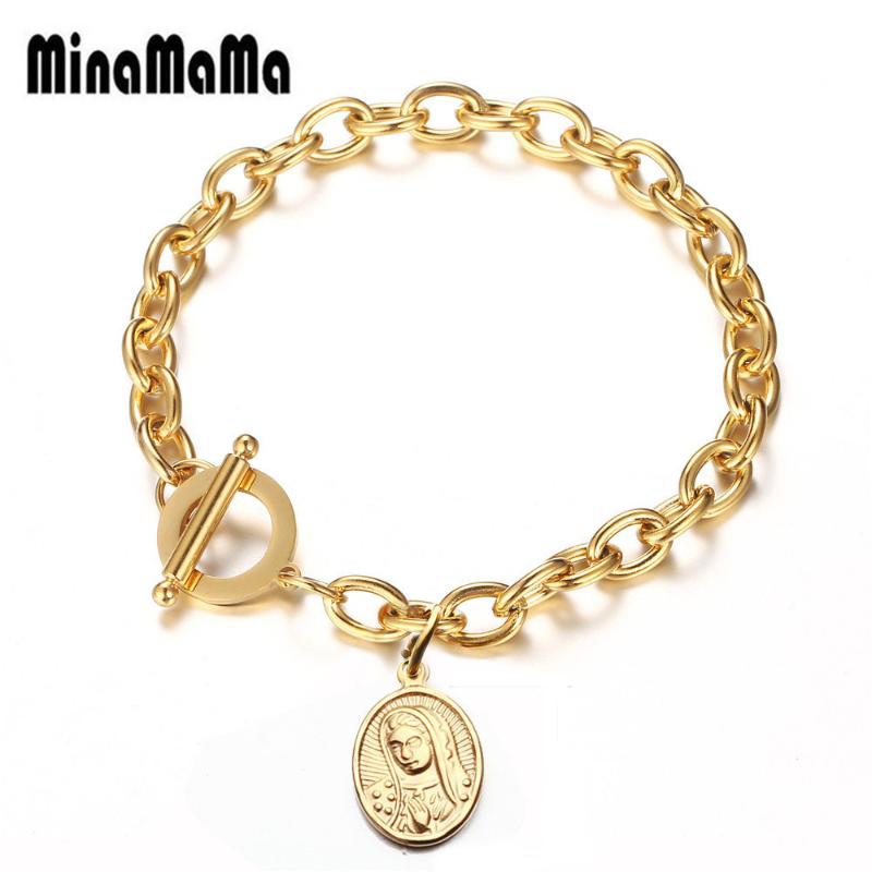 

Catholic 316L Stainless Steel Oval Tag Charms Bracelet OT buckle Coin Virgin Mary Bracelet For Woman Religious Church Jewelry