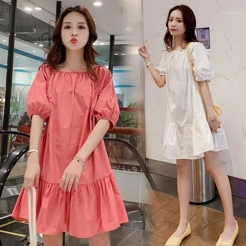 

812# Maternity Dress Summer Cotton O Neck Solid Color Short Sleeve Loose Stylish Dress for Pregnant Women Mom1, White