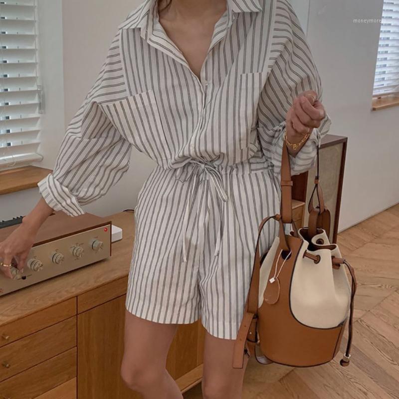 

EAD retro striped casual jumpsuit ladies 2020 new fashion all-match loose waist long-sleeved shirt jumpsuit shorts trend1, White