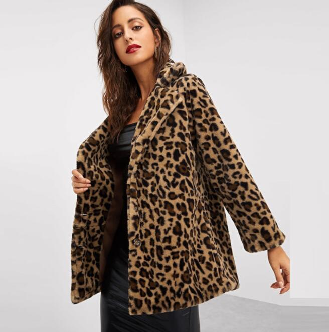 

Long sleeve Leopard faux mink leather jacket womens winter thicken warm Medium length fur leather coat women jackets B67, Khaki