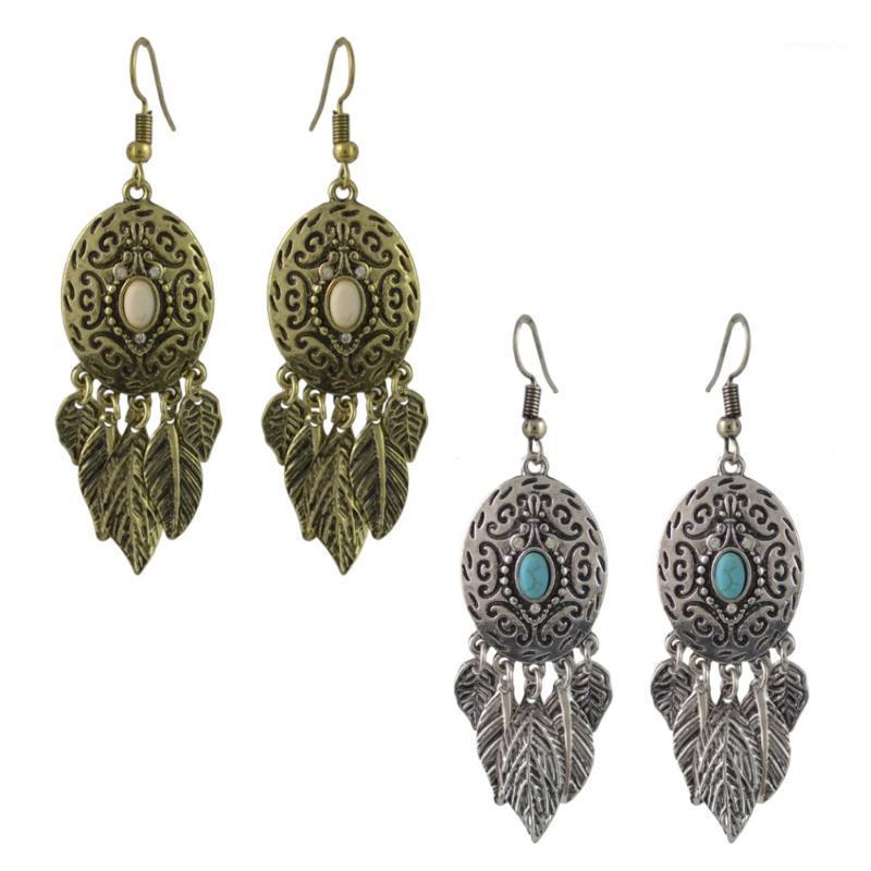 

Bohemian Vintage Gold Metal Oval Shaped Carved Pattern Rhinestone Leaves Pendant Dangle Earrings Women Engagement Gift1