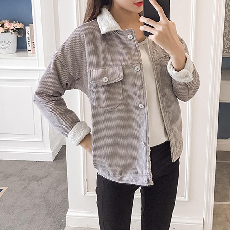 

Corduroy Shirt Coat Women Fashion Long Sleeve Preppy Wide Waist Turn Down Collar Crop Jacket Women Harajuku Casual Pocket Jaket, Gray
