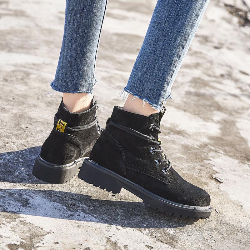 

Ankle Round Toe Low Women Boots Solid Fashion Punk Motorcycle Concise Lace Up Shoes1, Black