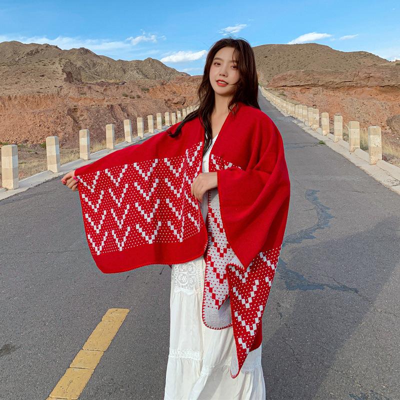 

Scarves Outdoor Sunscreen Scarf Red National Style Knitwear Travel Cape Shawl Female Autumn And Winter Women