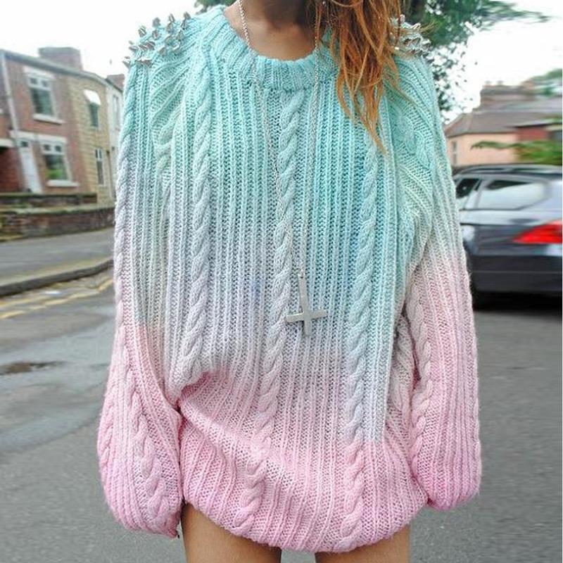 

Explosive style gradually dyed knitted long sweater European and American twist beaded loose large size pullover sweater, Photo color