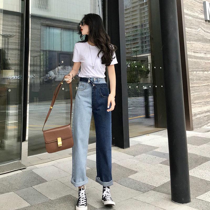 

Patchwork Fake Two-Pieces Jeans Fashion Leisurely Streetwear Pants High Waisted Straight Jeans Spring and Autumn Woman Trouser, Pic. color