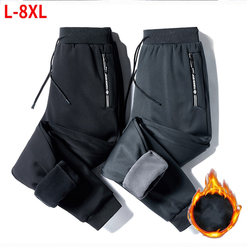 

2021 New Fleece Jogger Mens Pants Straight Trousers Male Winter Warm Veet Sweatpants 8xl Tracksuit Thick Joggers Outside Autumn Karg, Black