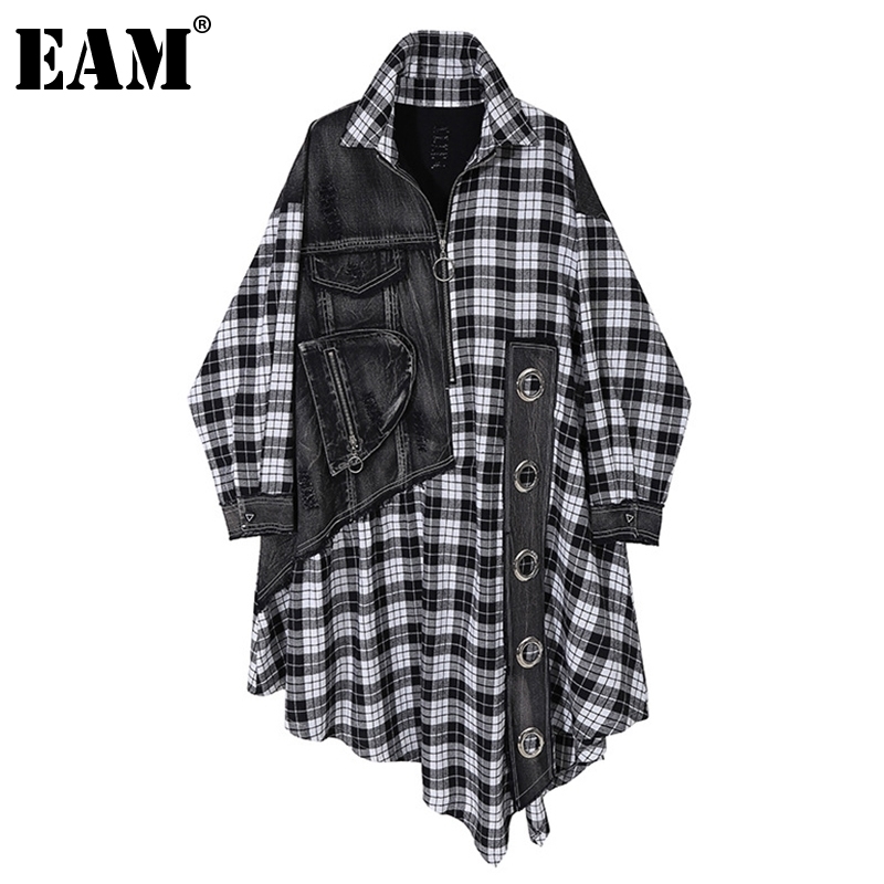 

[EAM] Women Black Plaid Denim Big Size Shirt Dress New Lapel Long Sleeve Loose Fit Fashion Tide Spring Autumn 2020 LJ201202