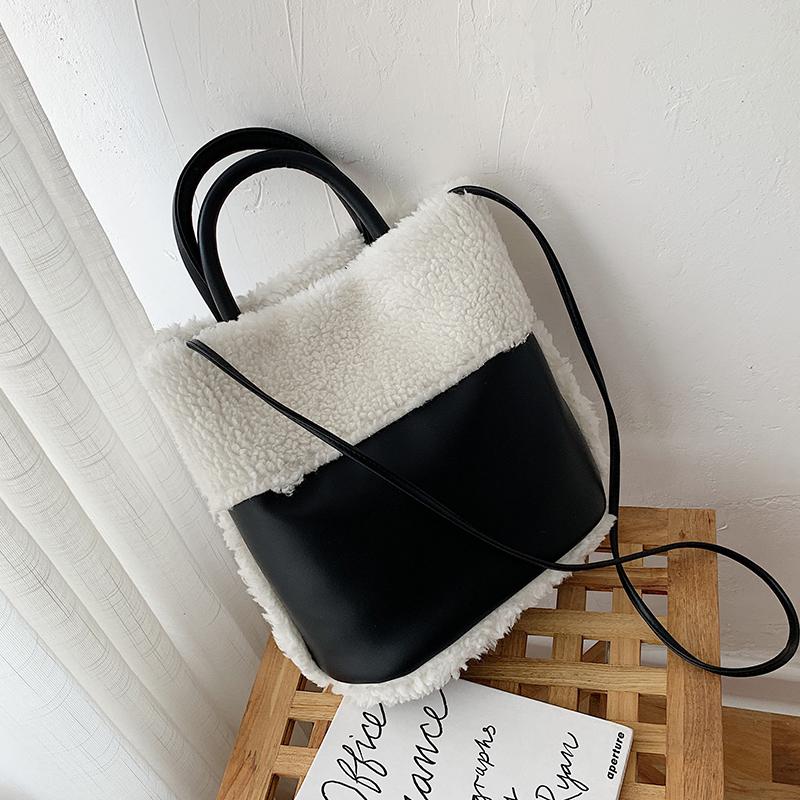 

2021 Autumn Winter Sac Hit Color Shoulder Bag Female Korean Style Plush Bucket Bags Ins Messenger Bag Soft Warm Faux Fur Handbag, Brown