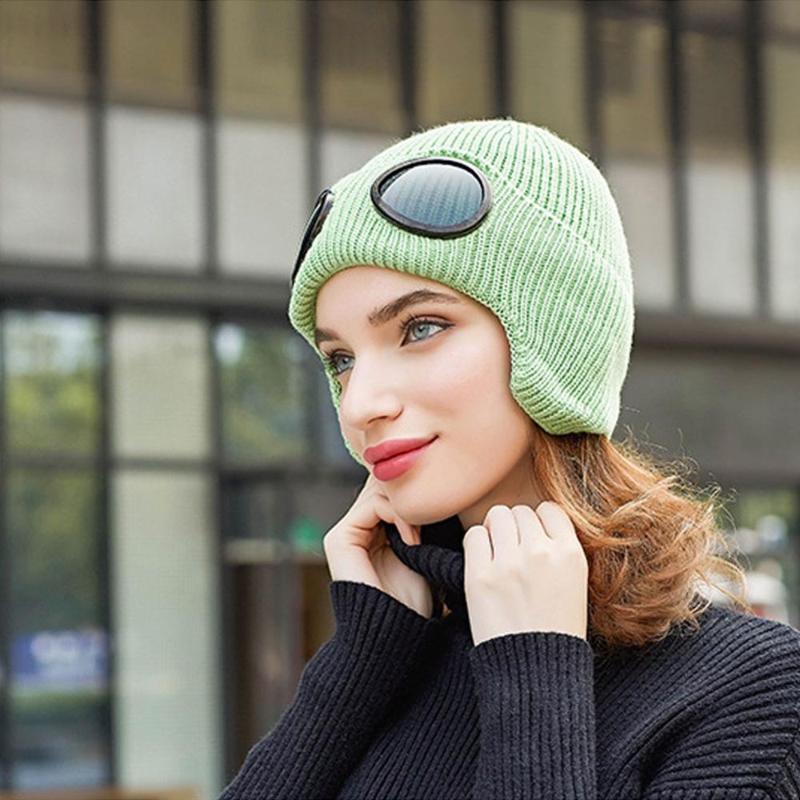 

2020 New Unisex Fashion Winter Warm Women Men Russian Hat Knitted Pilot Black Ear Protection With Glasses Ear Muff Hat Beanies, White