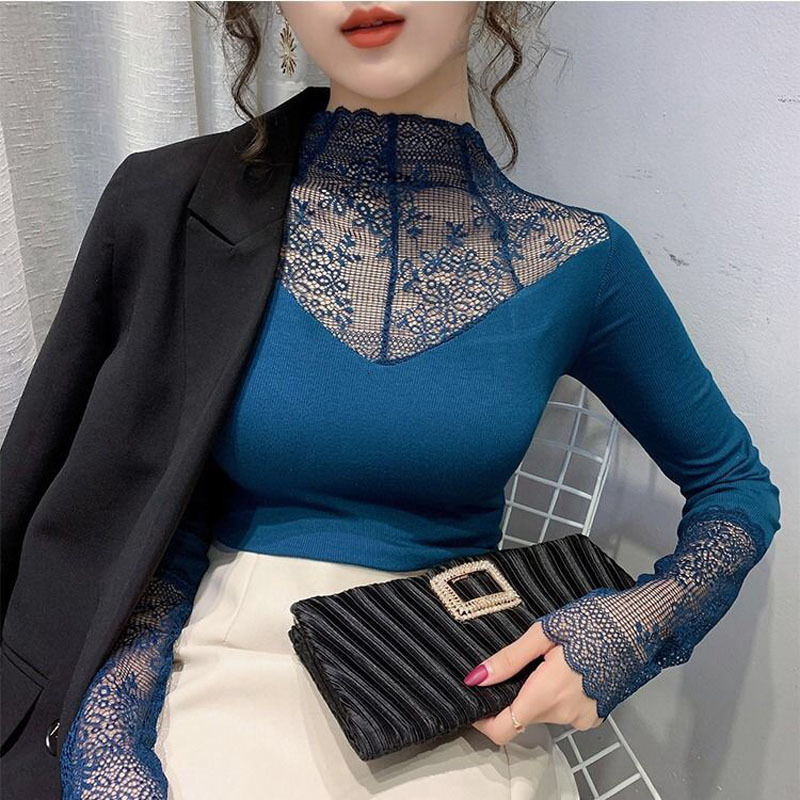 

2021 New Elegant Women's Sexy Lace Blouse Mesh Long Sleeves Shirt Plus Size Floral Fashion Embroidered Blouses Off Solid Tops YCIV, Coffee