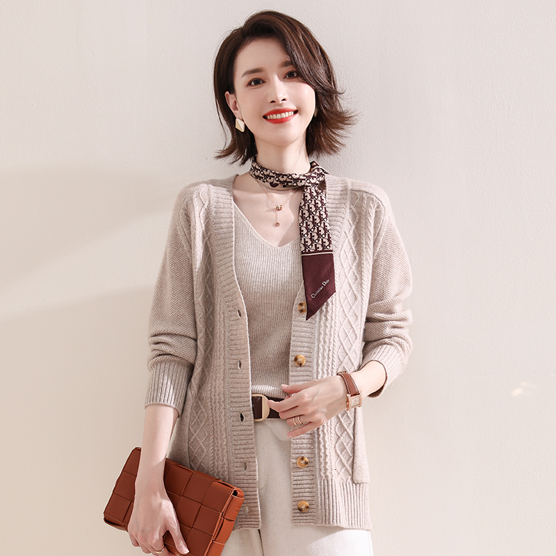 

2021 Women Jackets 100% Cashmere Goat Mesh Cardigans Sell Warm Winter Women's V-low-cut 4-color Jumpers Thick Sweater Button 4LYO, Camel