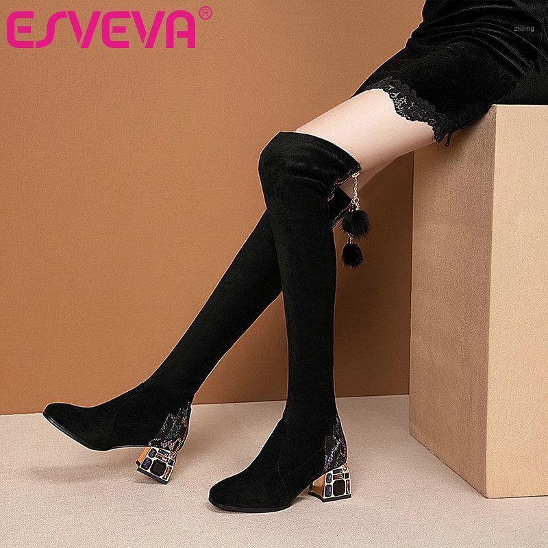 

ESVEVA 2021 Flock Over The Knee Boots Women Boots Winter Women Shoes Round Toe Med Heel Black Zipper Size 34-431